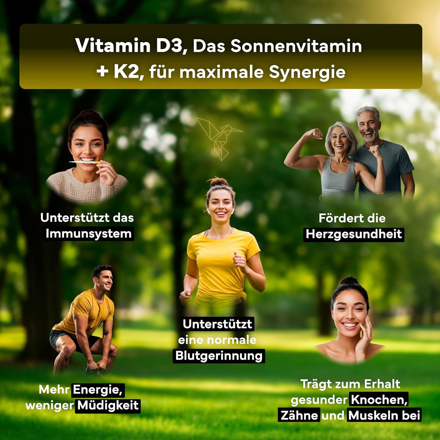 Grafica con persone e icone. Testo: Vitamina D3, K2. Supporta sistema immunitario, salute cardiaca, ossa.