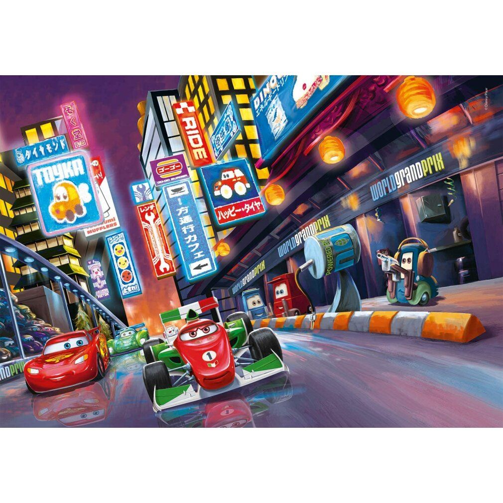 Puzzle con motivo Cars. 60 pezzi. Scena con auto da corsa davanti a uno sfondo urbano. Insegne al neon. Logo Clementoni.