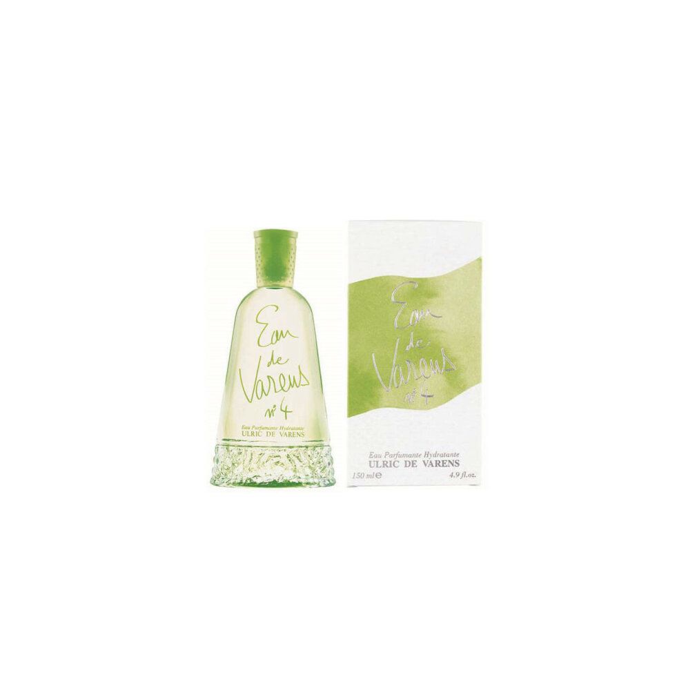 Flacone e confezione di Eau de Varens N°4. Flacone con tappo verde, scritta. Confezione con striscia verde e scritta.