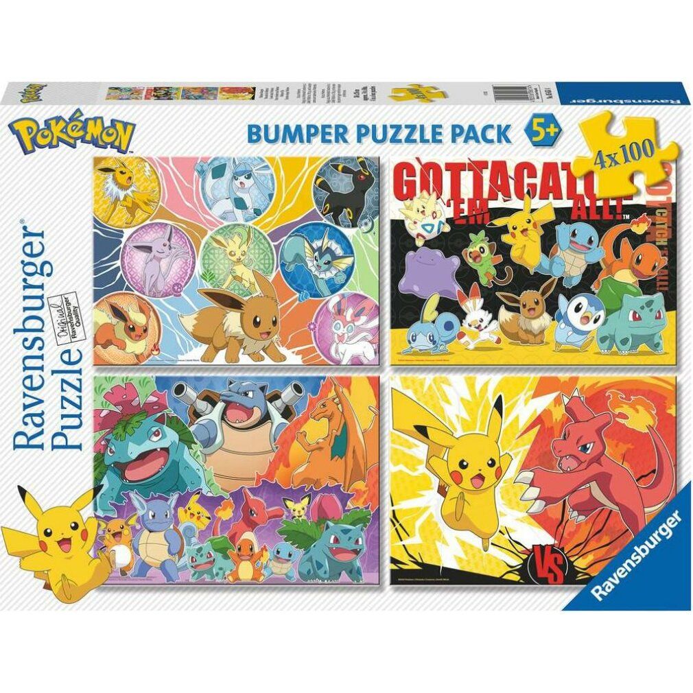 Confezione puzzle Pokémon. Quattro puzzle con personaggi Pokémon. Confezione con logo e raccomandazione di età.