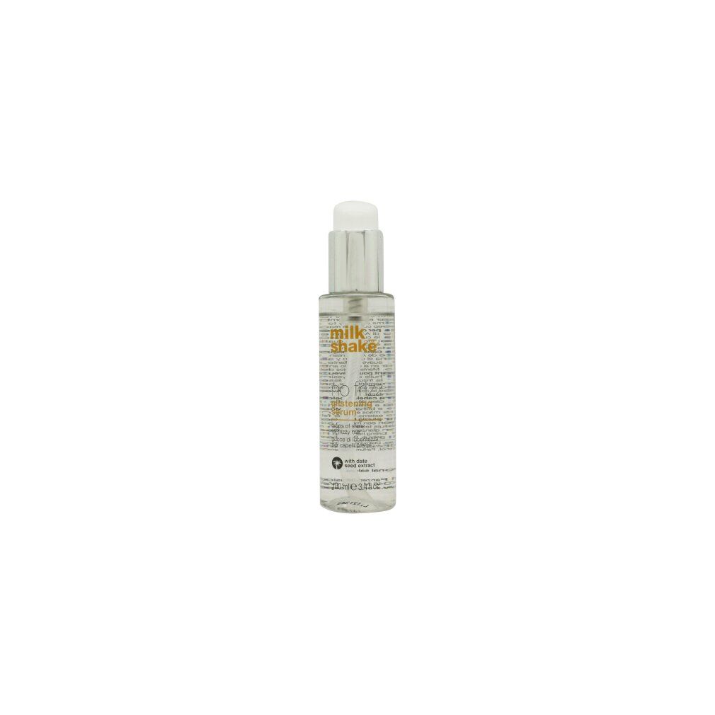 Flacone di siero con dosatore. Scritta: milk_shake. Liquido trasparente visibile.