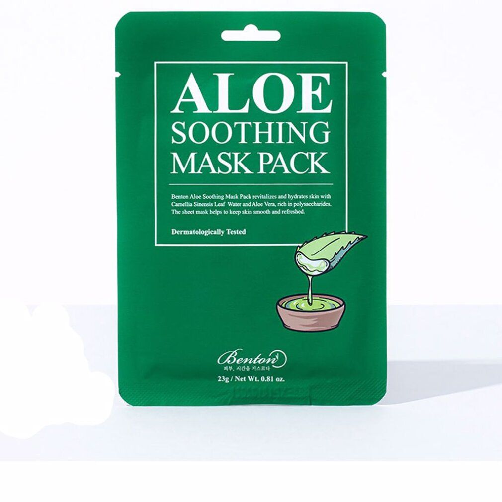 Confezione verde con testo: Aloe Soothing Mask Pack. Contiene aloe vera. Dermatologicamente testato. Marchio Benton.