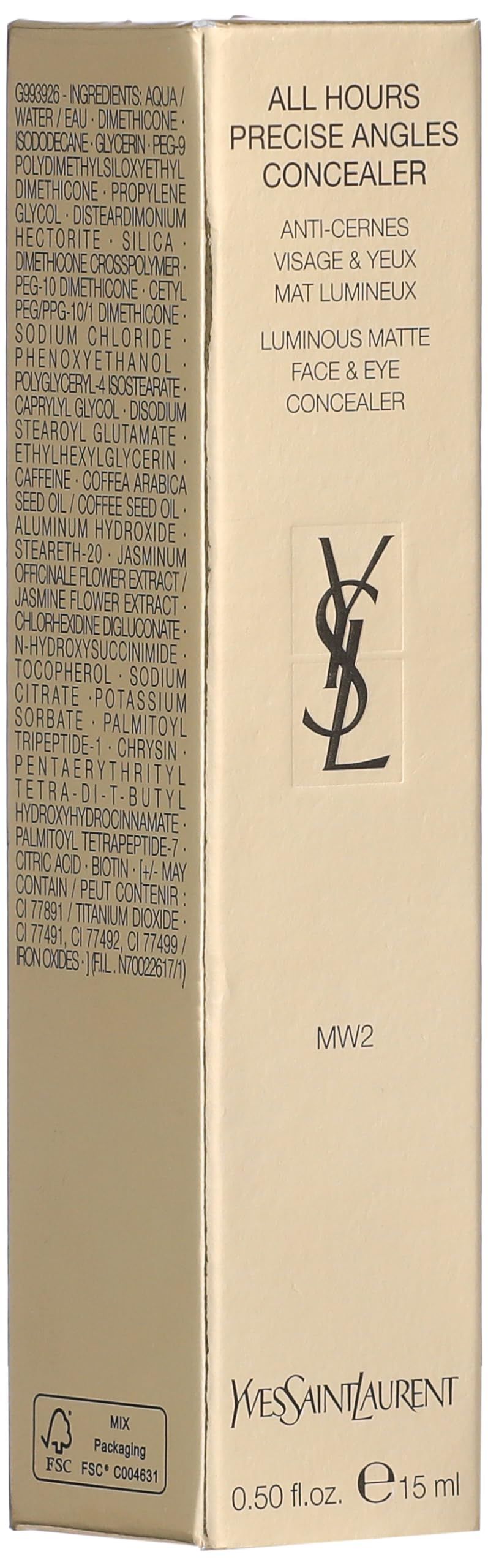 Confezione in cartone con ingredienti e logo. Testo: ALL HOURS, PRECISE ANGLES CONCEALER, YVES SAINT LAURENT. 15 ml.