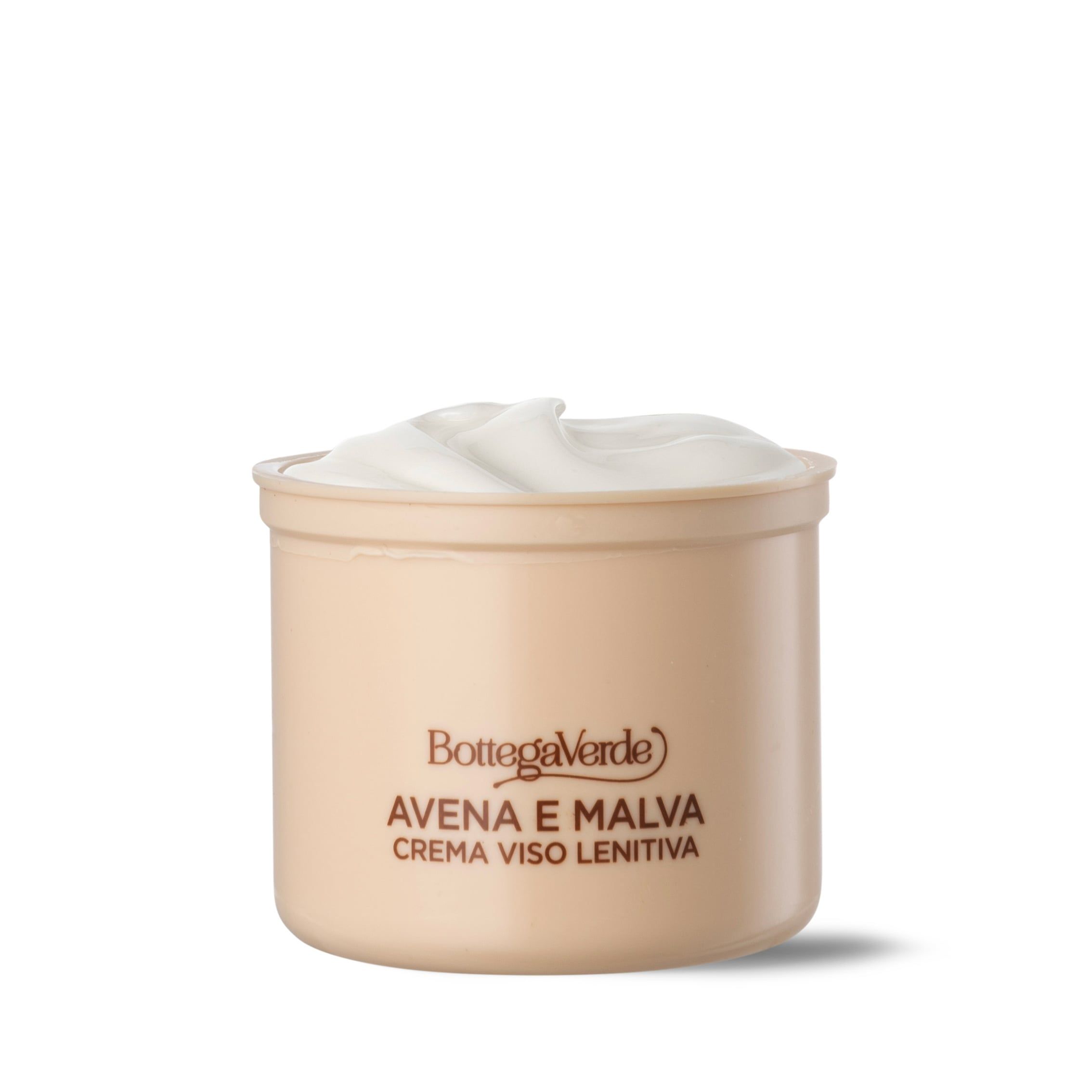 Vaso crema beige con crema bianca. Scritta: Bottega Verde, Avena e Malva, Crema viso lenitiva.