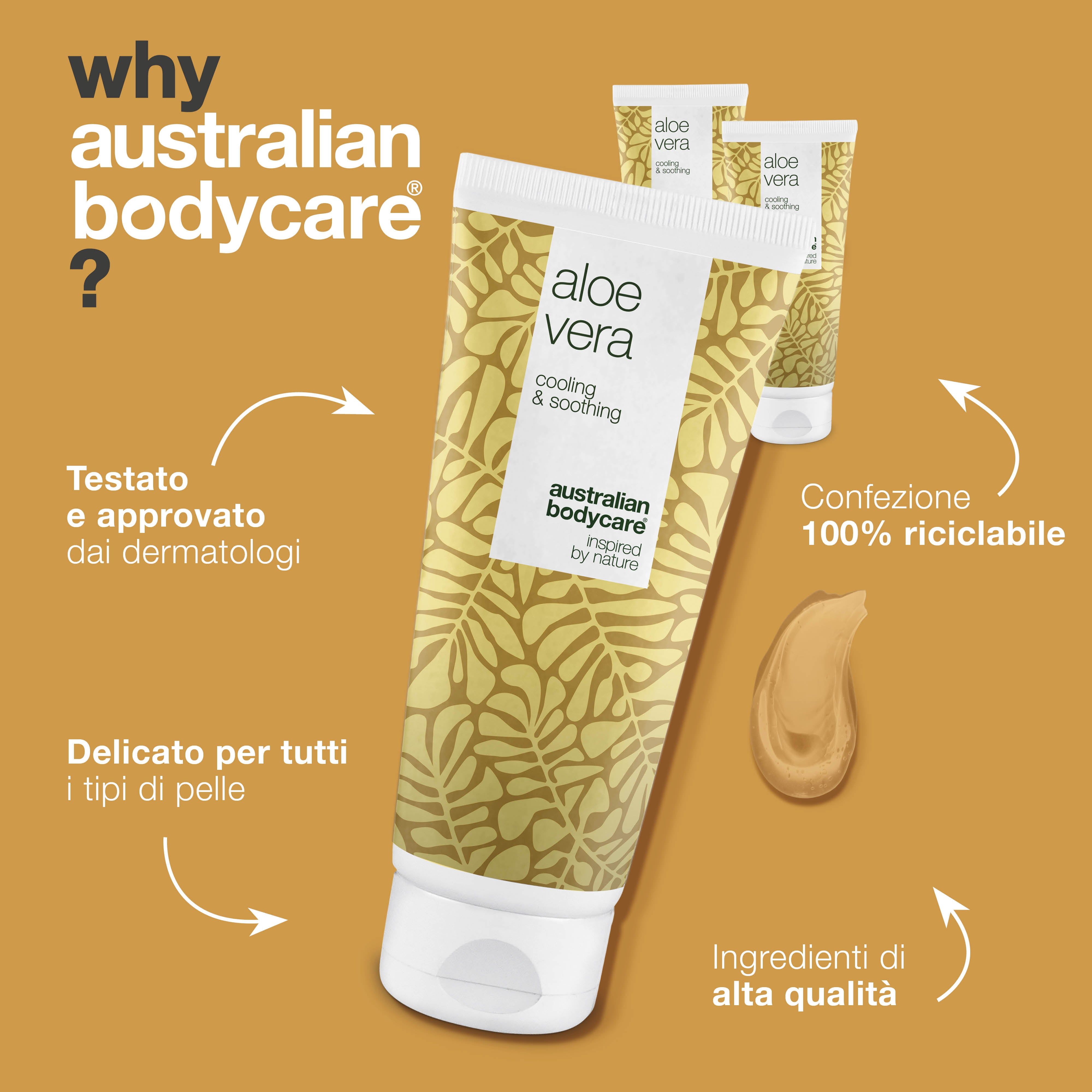 Gel Australian Bodycare Aloe Vera. Testato, approvato dai dermatologi. Confezione riciclabile al 100%. Ingredienti di alta qualità.