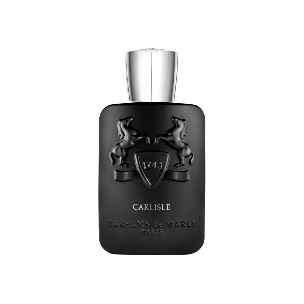 Flacone di profumo nero con tappo argentato. Stemma in rilievo con cavalli e scritta.
