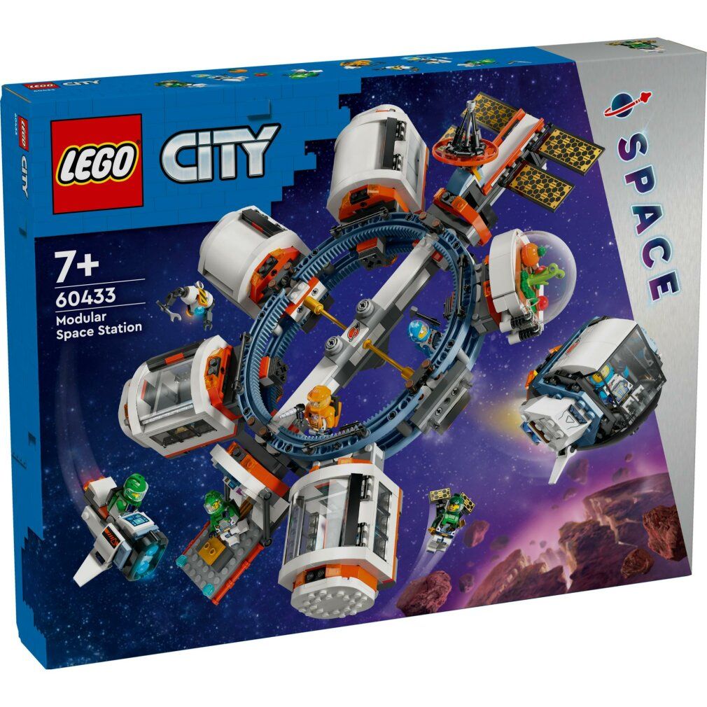 Set LEGO City Stazione Spaziale con navicelle e moduli. La confezione mostra il prodotto. Età consigliata: 7+.