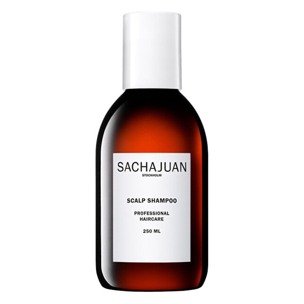 Flacone marrone SACHAJUAN Scalp Shampoo, 250 ml, cura professionale dei capelli.
