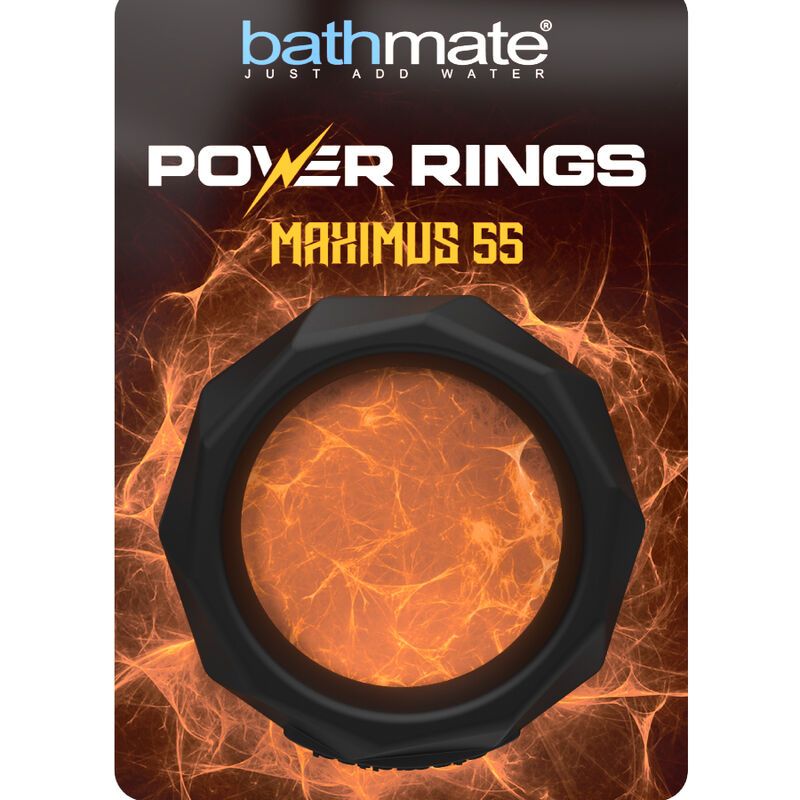 Confezione con anello nero, scritta 'Bathmate Power Rings Maximus 55'.