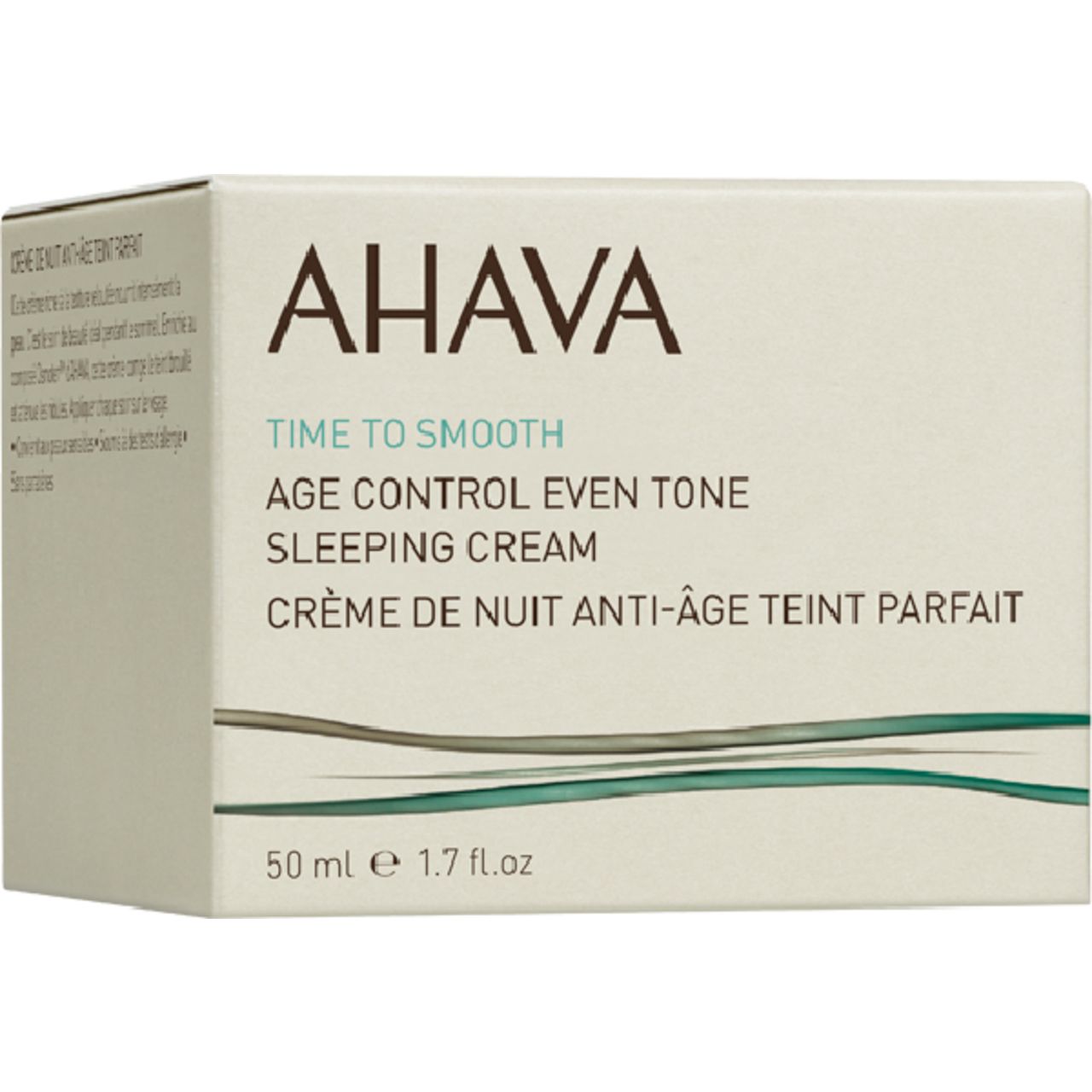Confezione del prodotto. Scritta: AHAVA, Time to Smooth, Age Control Even Tone Sleeping Cream. Crème de Nuit Anti-Âge Teint Parfait. 50 ml.