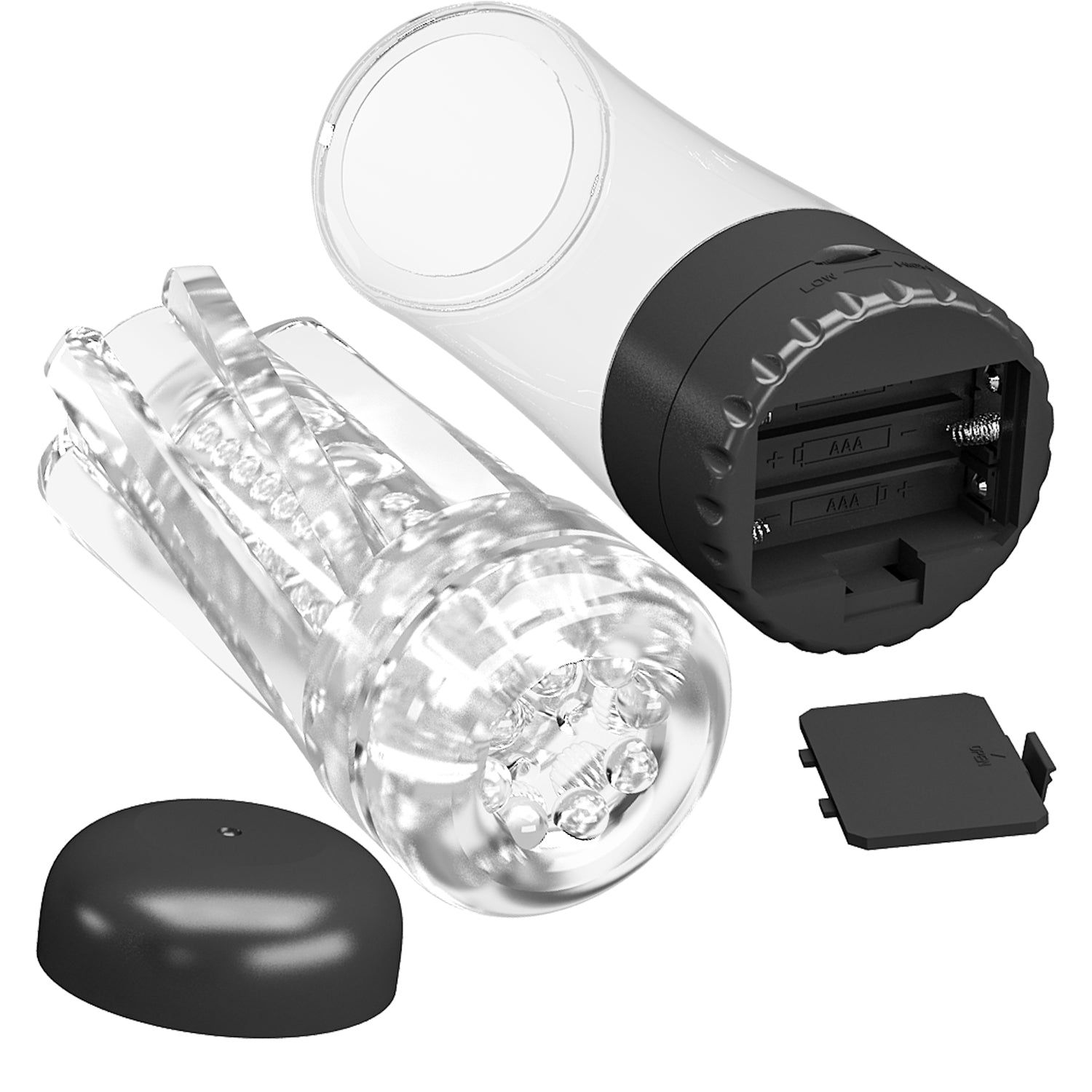 Dispositivo cilindrico trasparente, base e coperchio neri. Vano batterie con 3 batterie AAA.