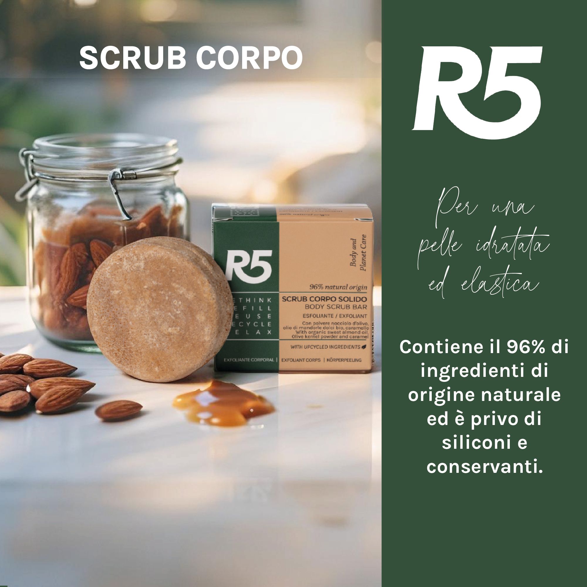 Barra di scrub corpo rotonda accanto a una scatola e mandorle.