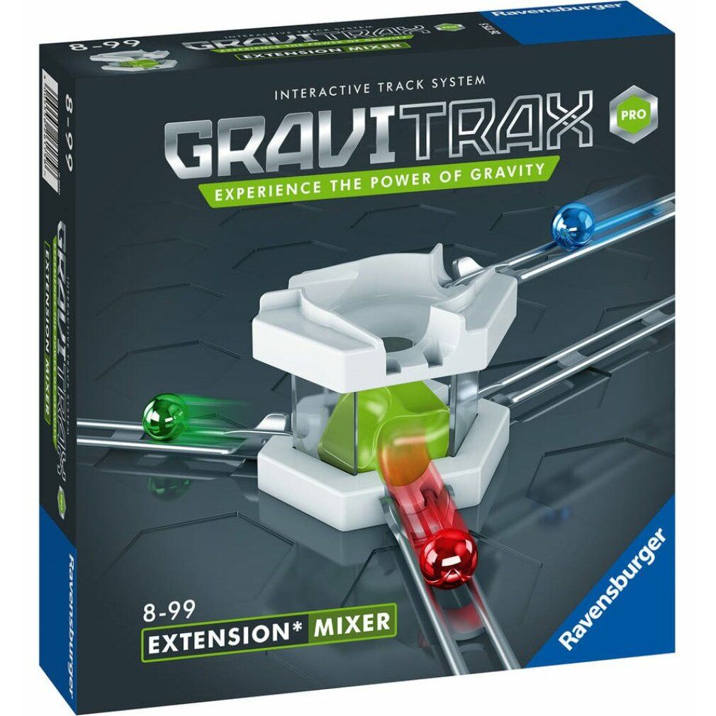 Confezione GraviTrax Pro. Estensione Mixer. Biglie su binari. Logo Ravensburger. Testo: « Extension Mixer ».