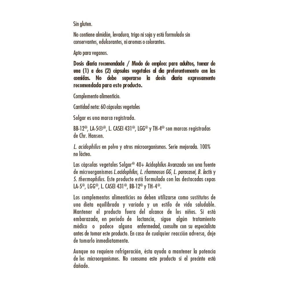 Testo in spagnolo. Contiene informazioni su ingredienti, uso, avvertenze e informazioni del produttore.