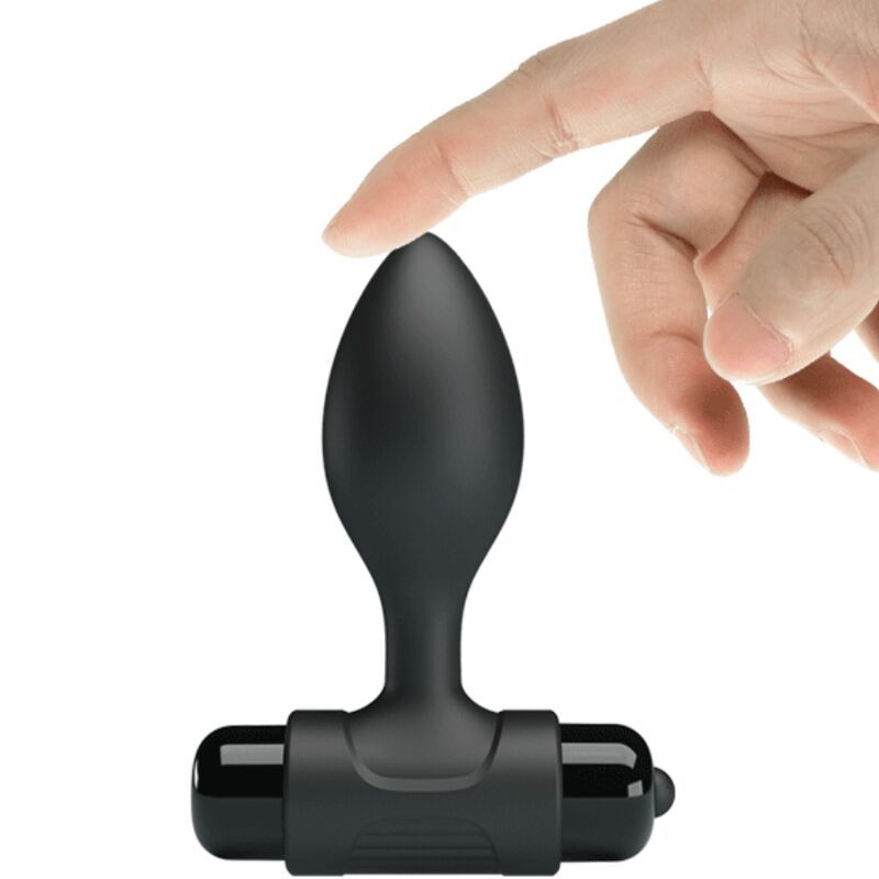 Tappo anale nero vibrante, in silicone, con manico e pulsante di vibrazione.