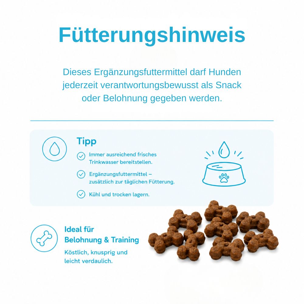Istruzioni per l'alimentazione degli snack per cani. Ideale per ricompensa e addestramento. Croccante e digeribile.