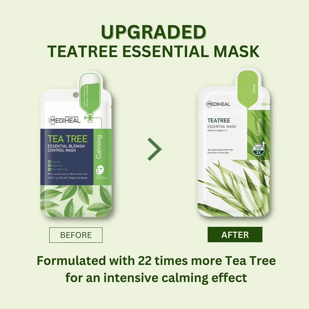 Confronto confezioni: Prima e Dopo. Scritta: Tea Tree Essential Mask. Striscia verde con testo. Testo sugli ingredienti.