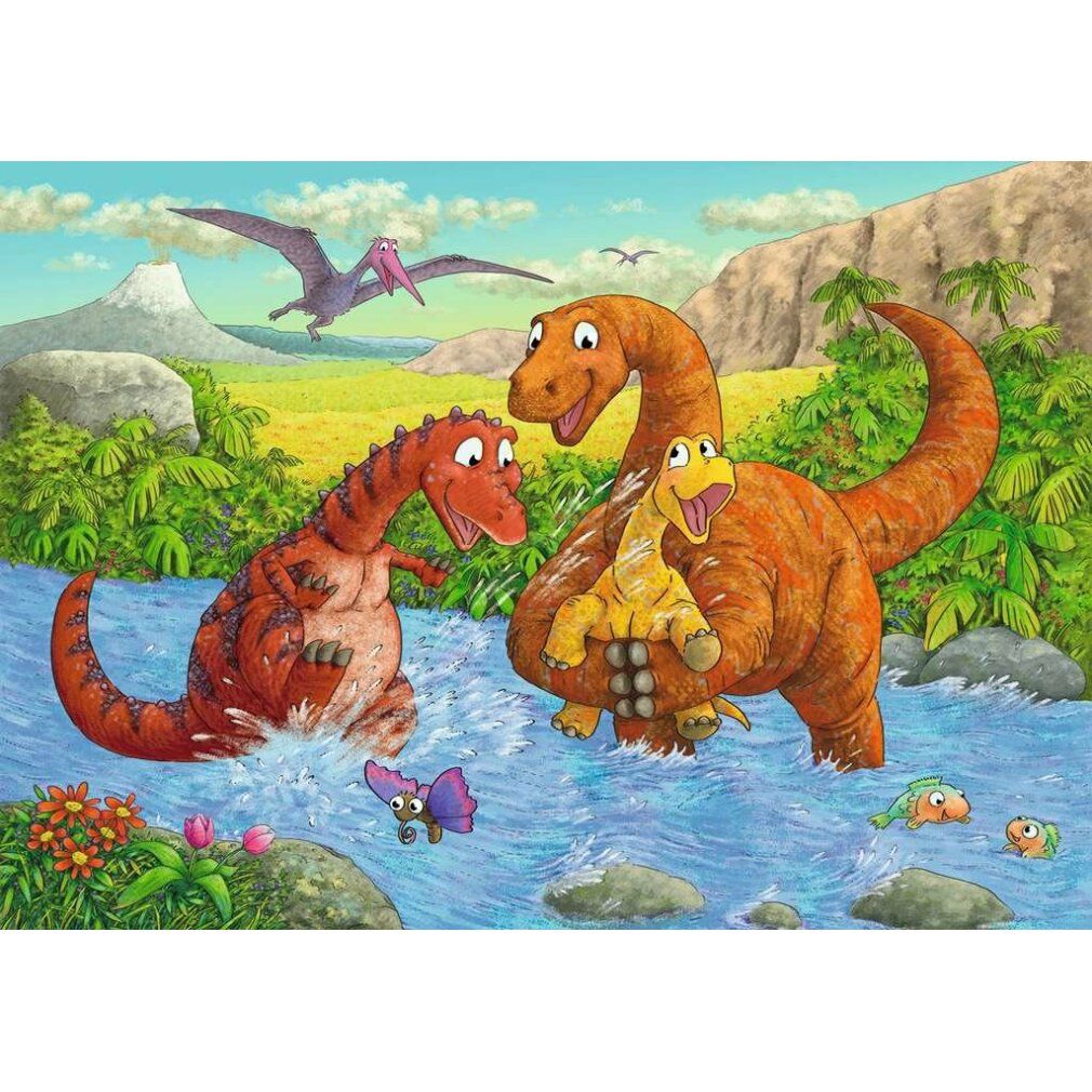 Puzzle con motivo dinosauri. Immagine: Dinosauri in un paesaggio fluviale. Sfondo: montagne, alberi, uccelli e insetti volanti.