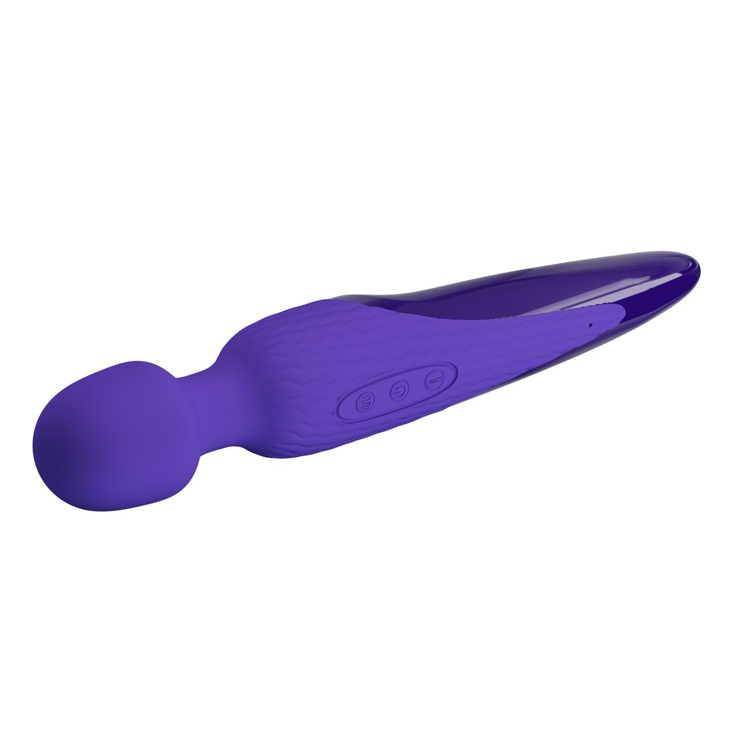 Vibratore viola con testa arrotondata e manico allungato. Tre pulsanti laterali.