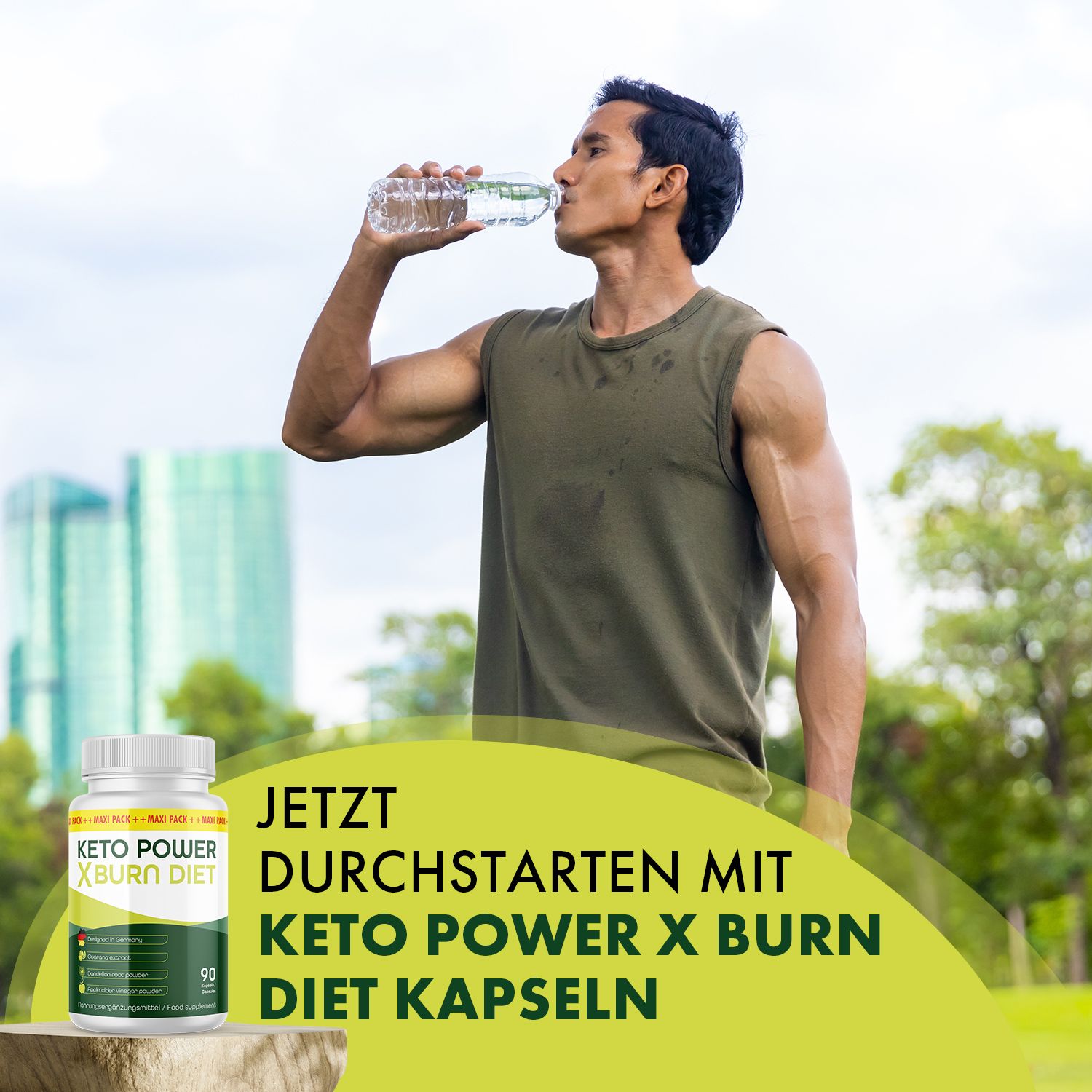 Uomo beve acqua da una bottiglia. Accanto, flacone di capsule Keto Power X Burn Diet. Testo: Inizia ora con le capsule Keto Power X Burn Diet.