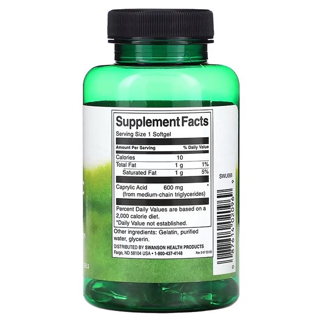 Retro del flacone verde. Scritta: Supplement Facts, Caprylic Acid 600 mg, ingredienti, Swanson Health Products.