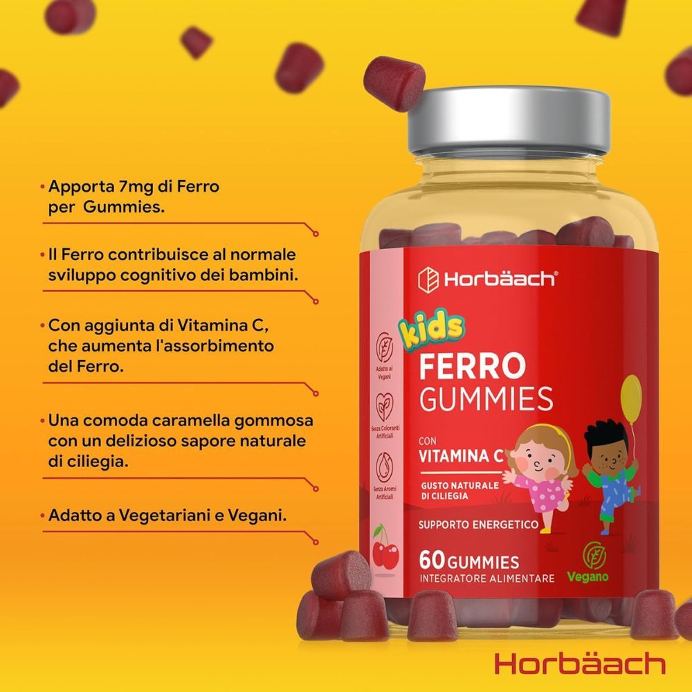 Barattolo di caramelle gommose "kids Ferro Gummies". Contiene 60 caramelle. Testo "Vitamin C".