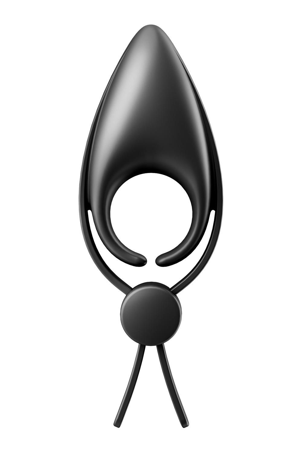 Vibratore ad anello nero, forma ovale. Tre gambe in basso. Due pulsanti e simbolo di accensione in alto.