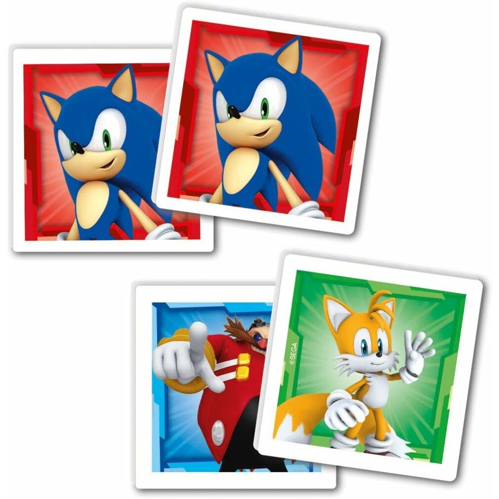 Carte memo con personaggi Sonic. Quattro carte con illustrazioni di Sonic, Tails e Dr. Eggman. Cornici rosse e verdi.