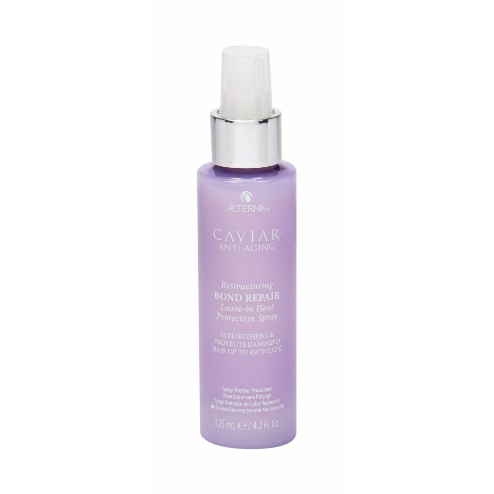 Flacone lilla con vaporizzatore. Scritta: Caviar Anti-Aging, Restructuring Bond Repair Leave-in Heat Protection Spray. 125 ml.