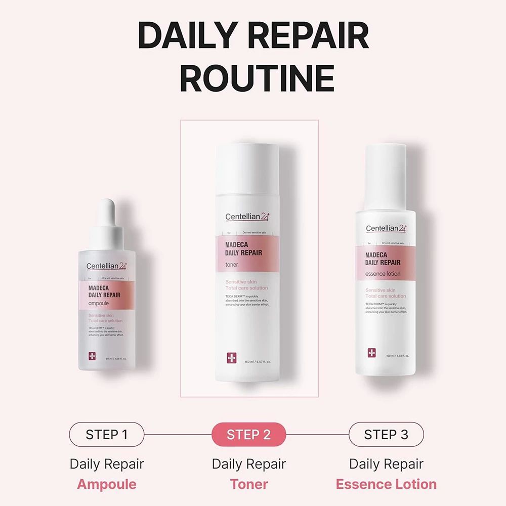 Tre prodotti: fiala, toner, lozione essenza. Scritta: MADECA DAILY REPAIR. Marchio: CENTELLIAN24. Testo: DAILY REPAIR ROUTINE.