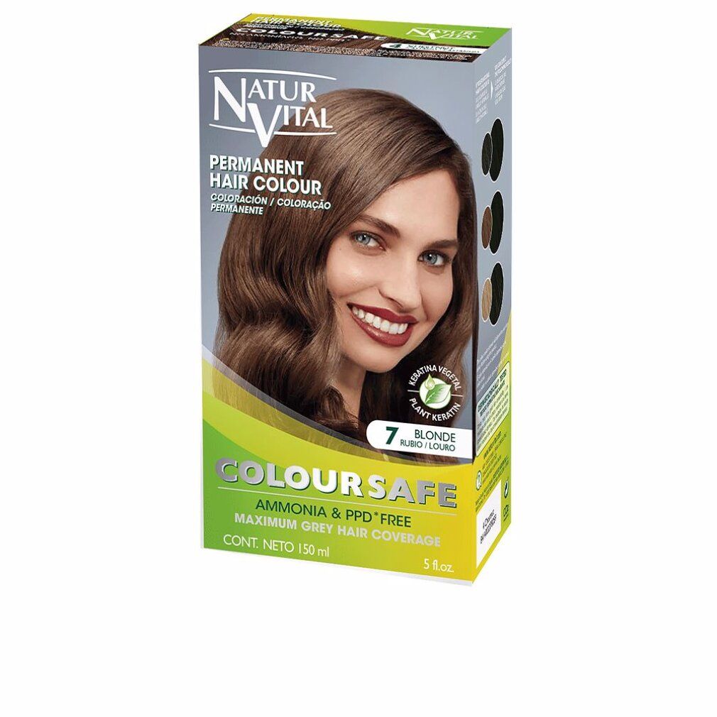 Confezione di tintura per capelli Natur Vital Coloursafe Permanente 7 Biondo. Donna con capelli castani. Testo: No PPD, massima copertura dei capelli grigi.