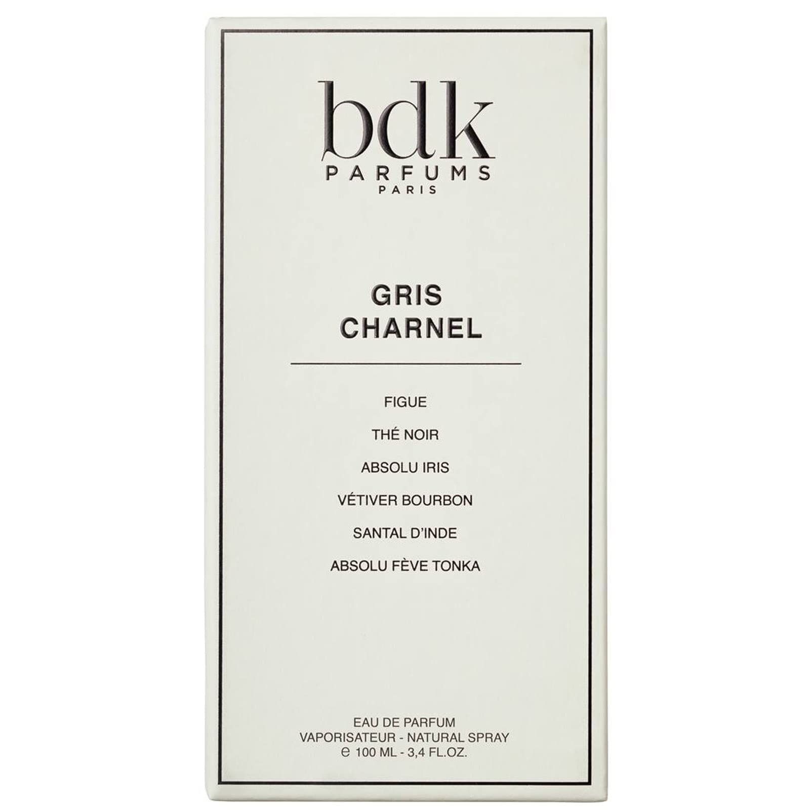 Confezione BDK Gris Charnel EdP Nat. Spray. Confezione rettangolare bianca con nome del prodotto e ingredienti.