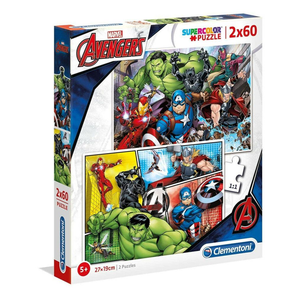 Puzzle Clementoni The Avengers, 2x60 pezzi. Confezione. Illustrazioni a fumetti, personaggi Avengers. 2 puzzle, 27x19 cm. Età: 5+.