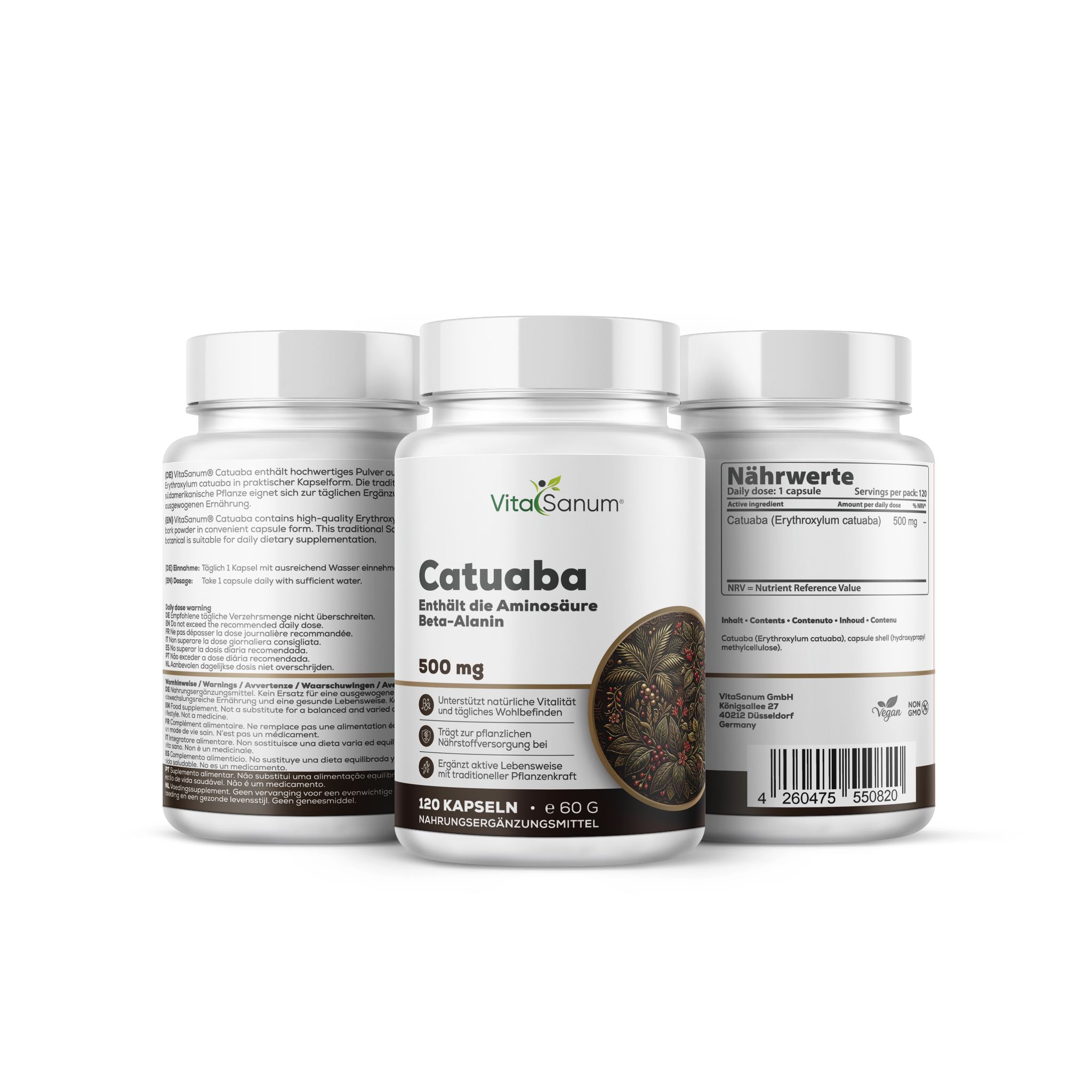 Tre contenitori di capsule VitaSanum Catuaba, 500 mg. Uno davanti, due dietro, con informazioni dettagliate sul prodotto sulle etichette.