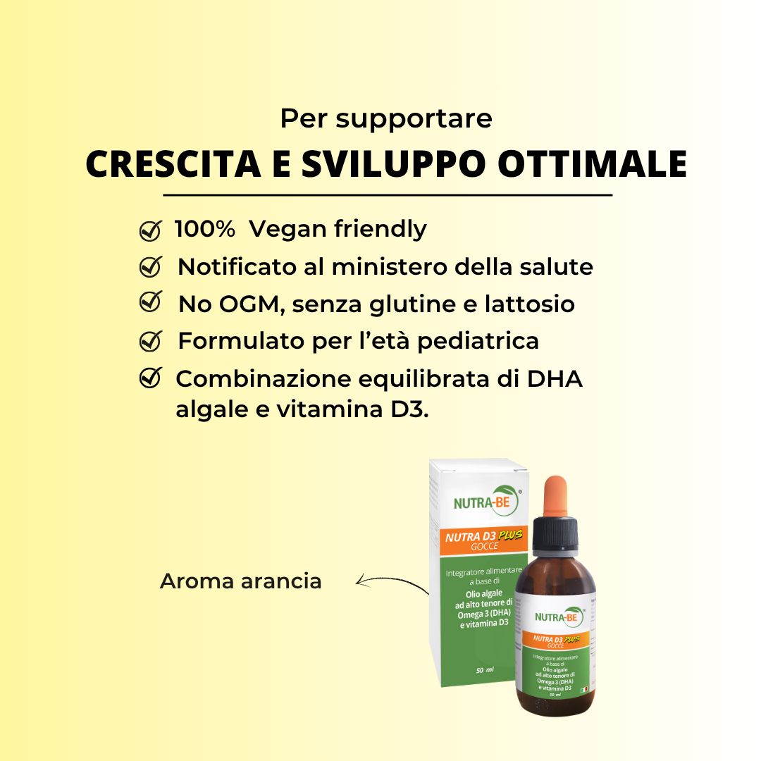 Prodotto con flacone e confezione. Testo: Per supportare una crescita e uno sviluppo ottimali. 100% vegano, senza OGM, senza glutine e lattosio.