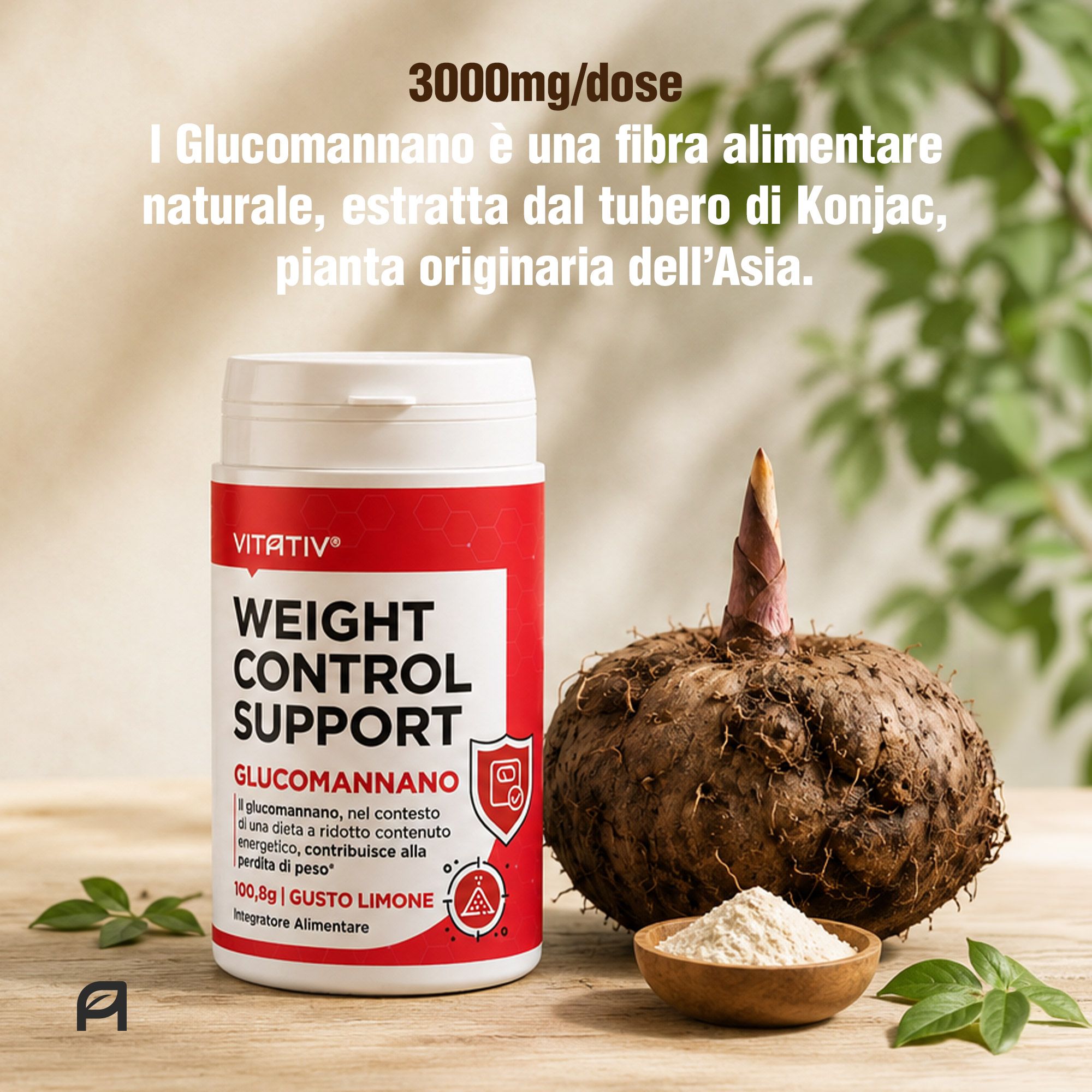 VITATIV® GLUCOMANNANO + Vitamina C e B6, Integratore in Polvere Gusto Limone per Controllo del Peso