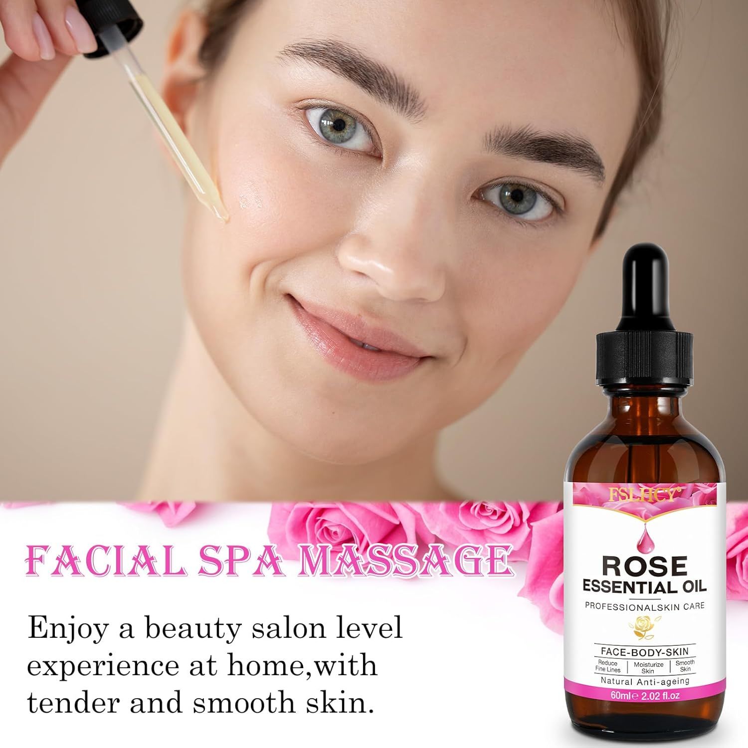 Flacone di vetro marrone con siero e contagocce. Scritta: Rose Essential Oil. Donna con il prodotto.