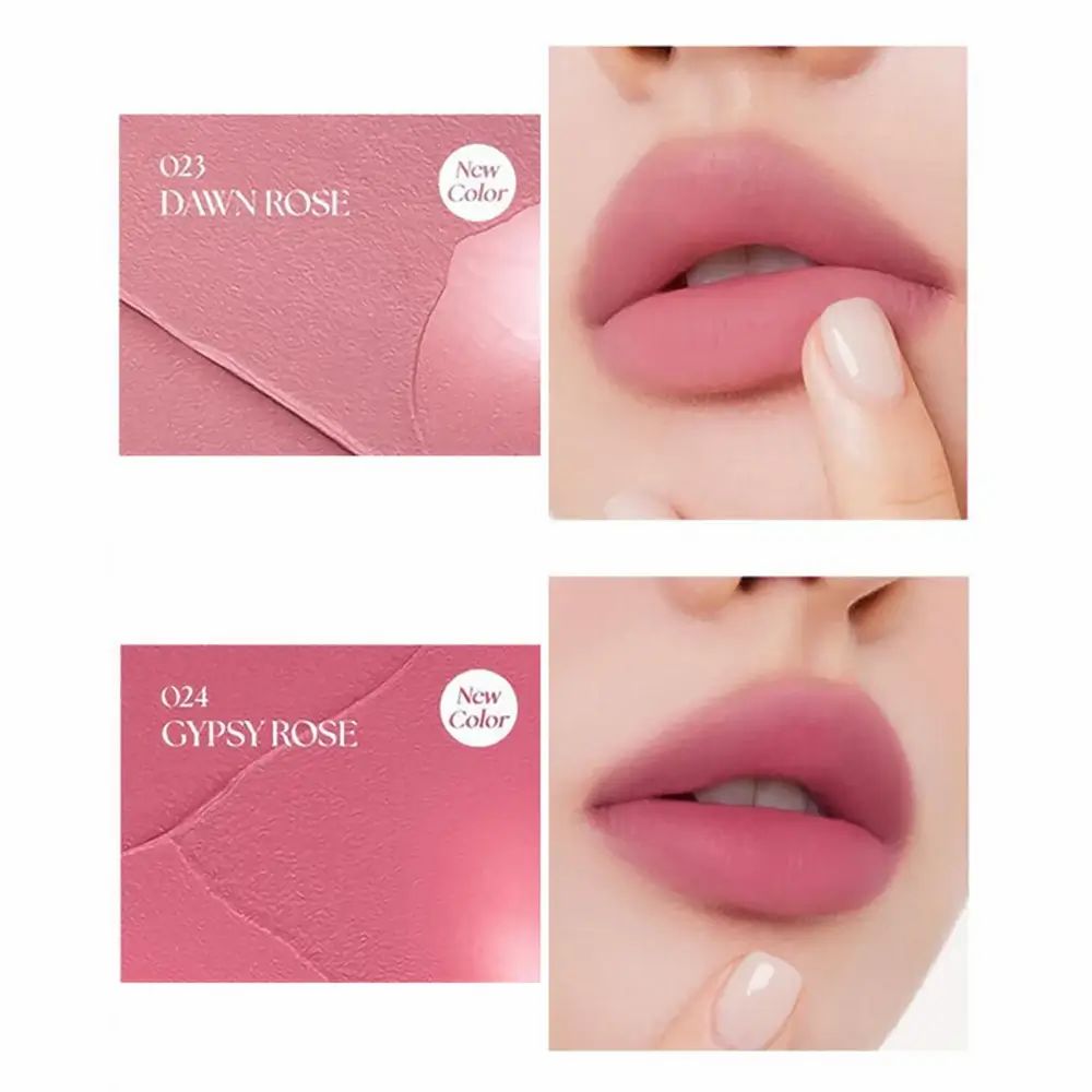 Due immagini: labbra con rossetto e campione di colore. Testo: 023 Dawn Rose, 024 Gypsy Rose.