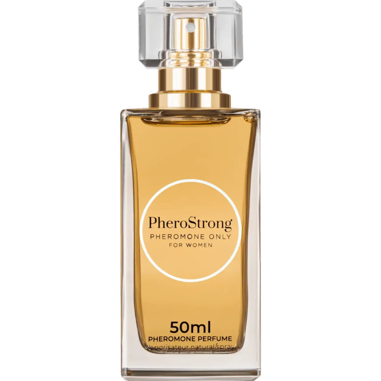 Flacone di profumo con vaporizzatore dorato e tappo trasparente. Nome e testo del prodotto sull'etichetta del flacone.