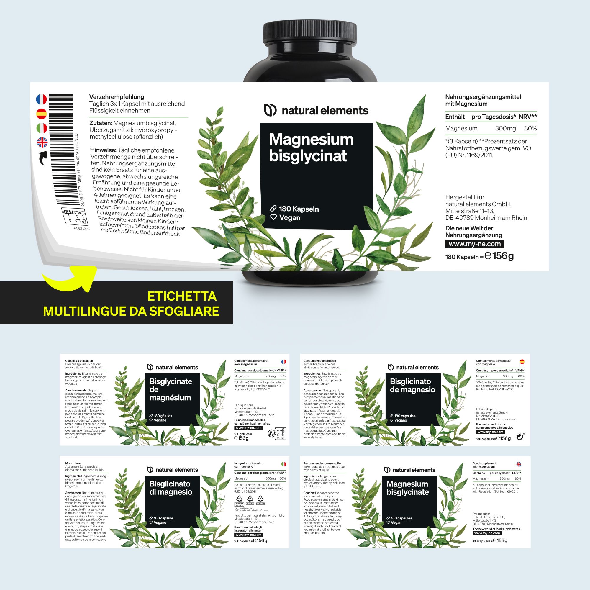 Flacone di bisglicinato di magnesio con etichetta multilingue ed esempi.