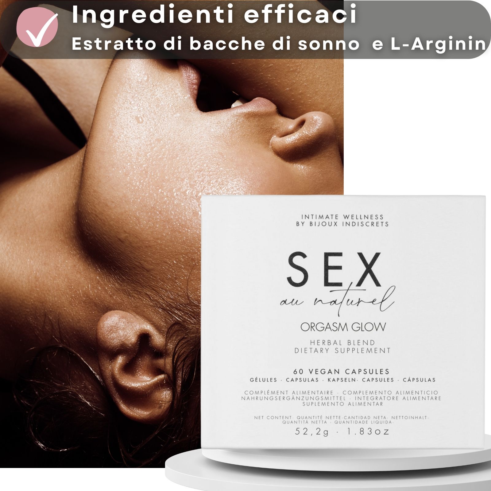 Primo piano di labbra e viso. Scatola SEX au naturel ORGASM GLOW. 60 capsule.