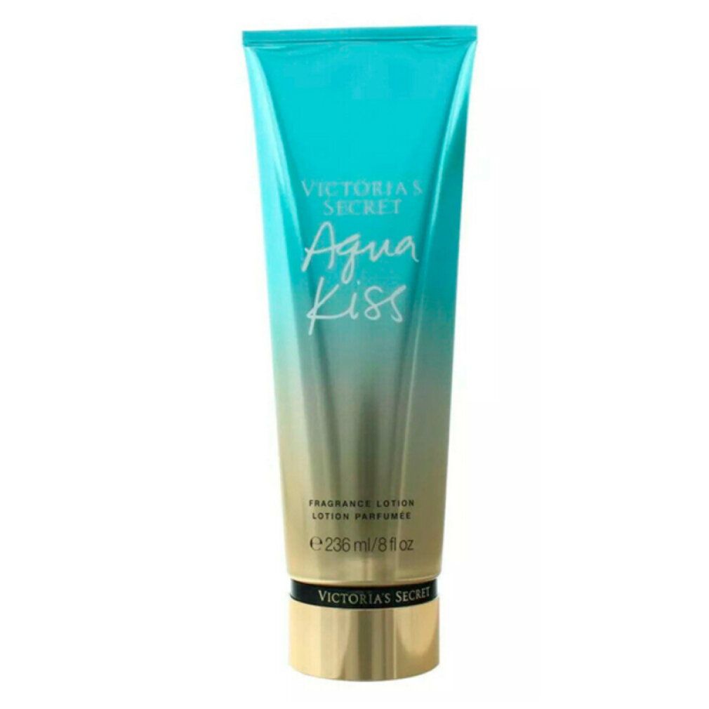 Tubo di lozione sfumato blu-oro. Scritta: Victoria's Secret Aqua Kiss, Fragrance Lotion. Volume: 236ml/8 fl oz.