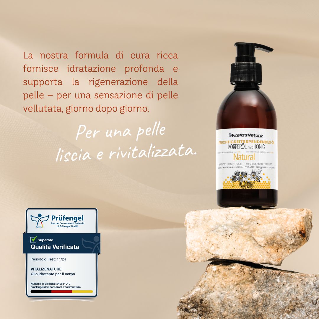 Viso di donna con occhi chiusi, testo sull'applicazione dell'olio corpo.