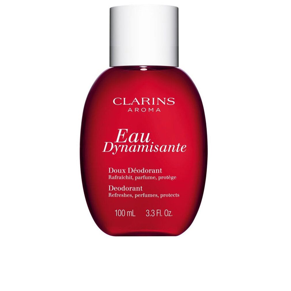 Flacone rosso con tappo bianco. Testo: Clarins Aroma, Eau Dynamisante, Doux Déodorant, Deodorant.