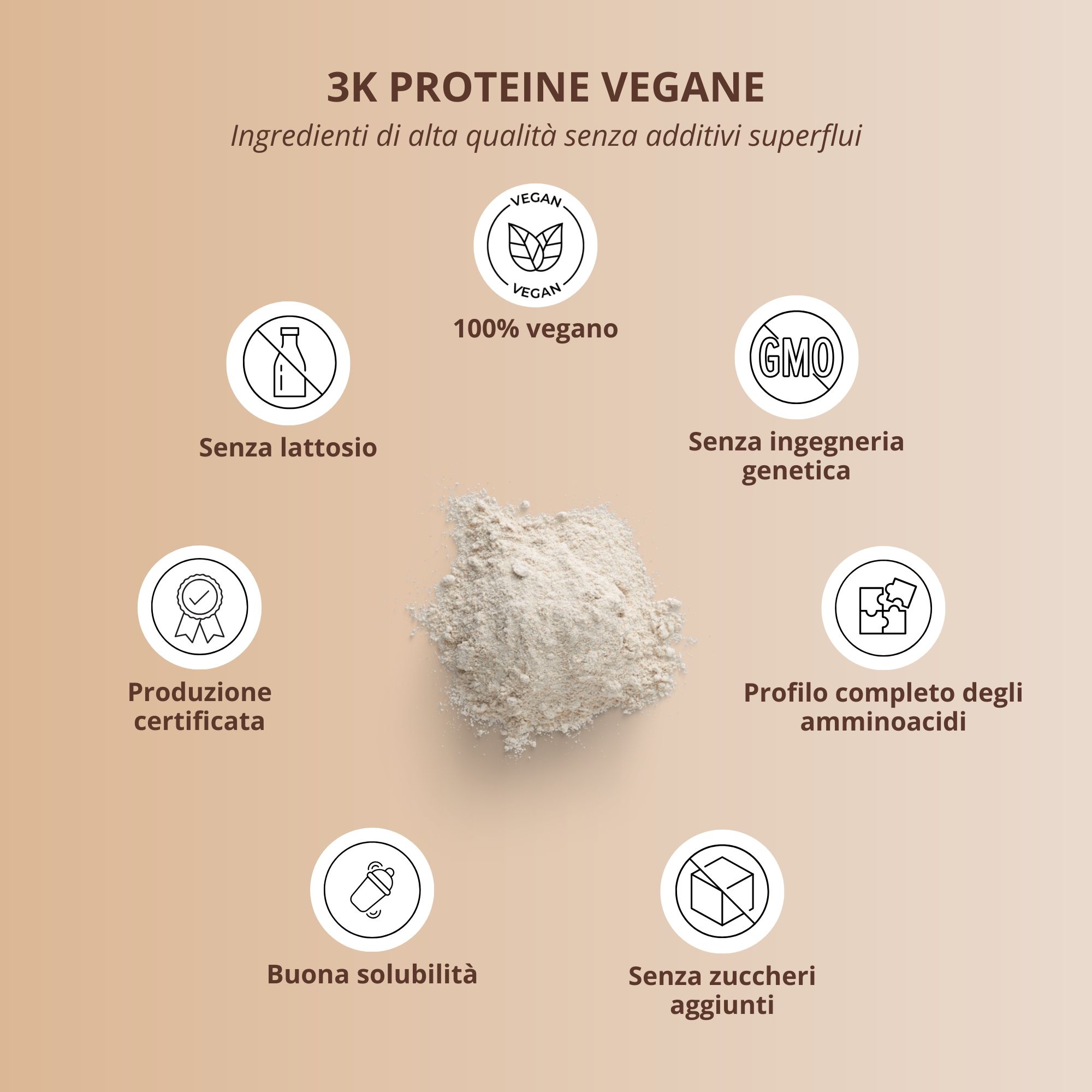Infografica: Polvere nutri+ 'VEGAN 3K PROTEIN' con icone: 100% vegan, senza lattosio, senza OGM, produzione certificata, profilo aminoacidico completo, buona solubilità, senza zuccheri aggiunti.