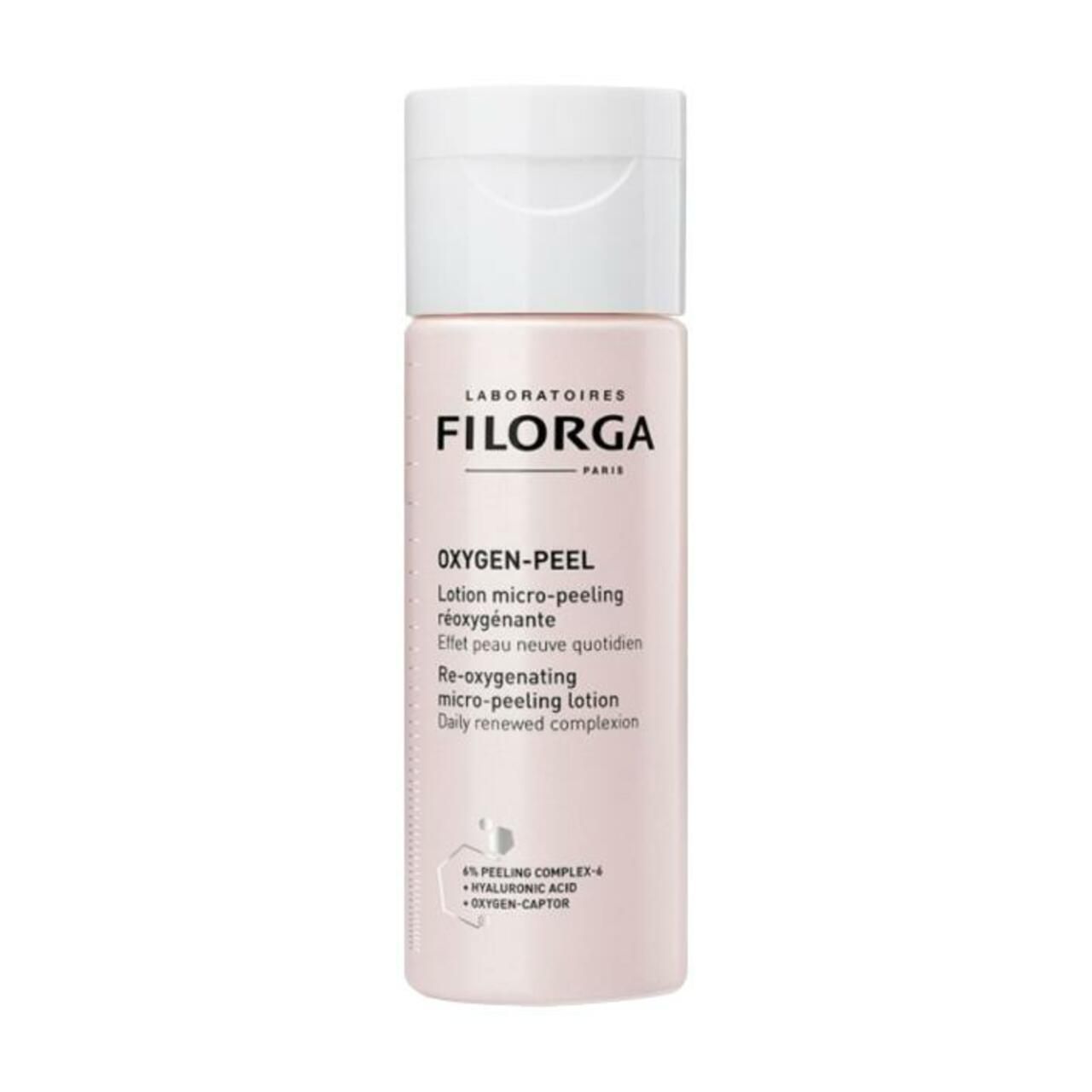Flacone rosa con tappo bianco. Scritta FILORGA, Oxygen-Peel. Lozione micro-peeling. Riossigenante.