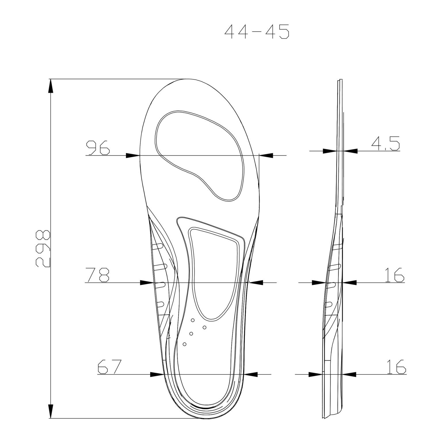 Disegno tecnico di una soletta in gel. Dimensioni in millimetri: lunghezza 298, larghezza 96, spessore 4,5 e 16.
