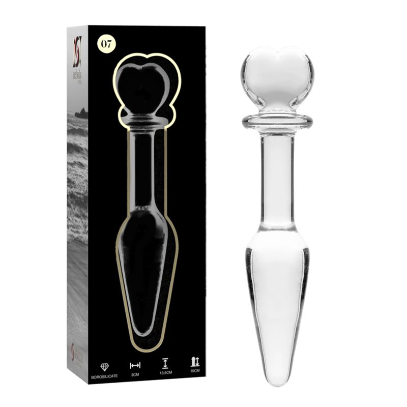 Plug anale in vetro con impugnatura a cuore, lungo 13,5cm, largo 3cm. Confezione con prodotto e dimensioni.