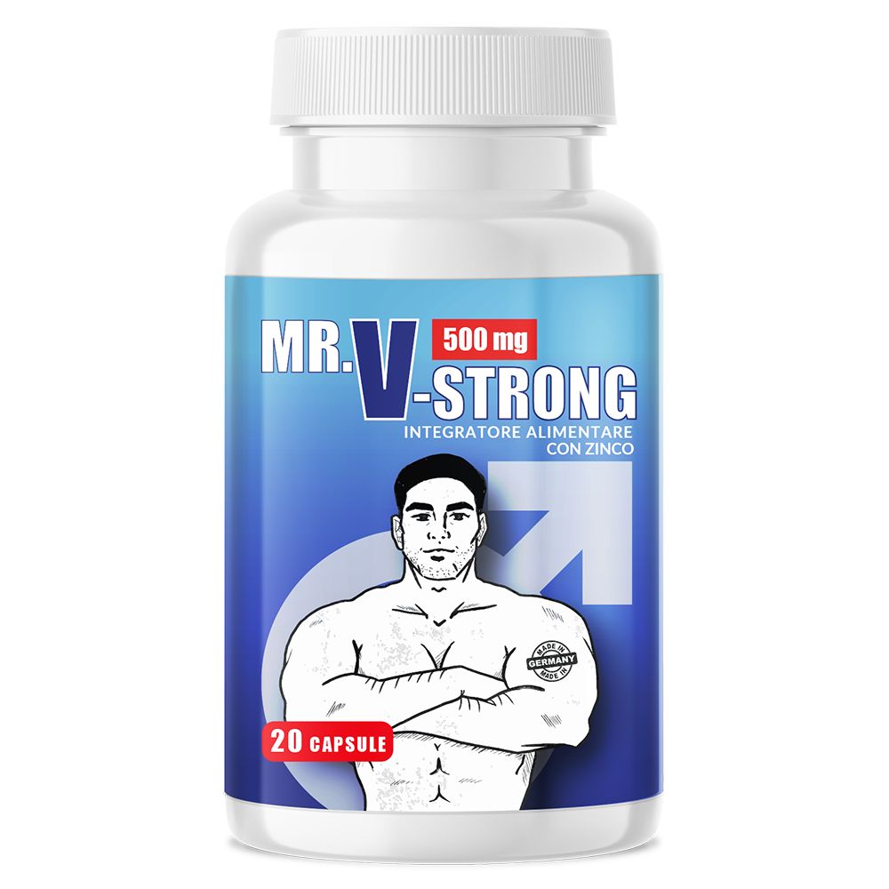 Flacone di pillole bianco con etichetta blu. Scritta: MR. V-Strong, 500 mg, 20 capsule.