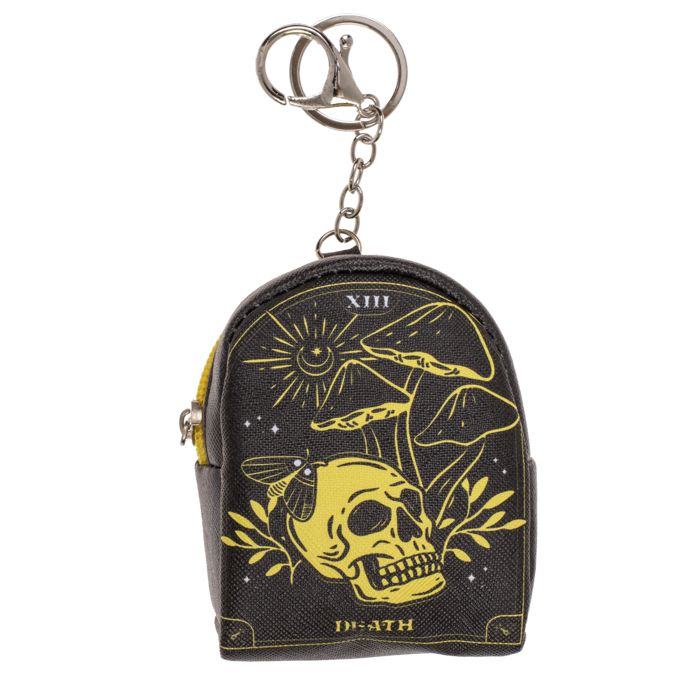 Mini portafoglio nero con teschio giallo, funghi e scritta "DEATH". Con portachiavi.